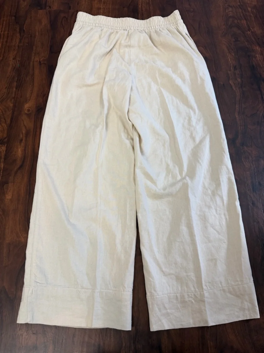 Zara Beige Linen Blend  Elastic Waist Straight Leg Pleated Pants